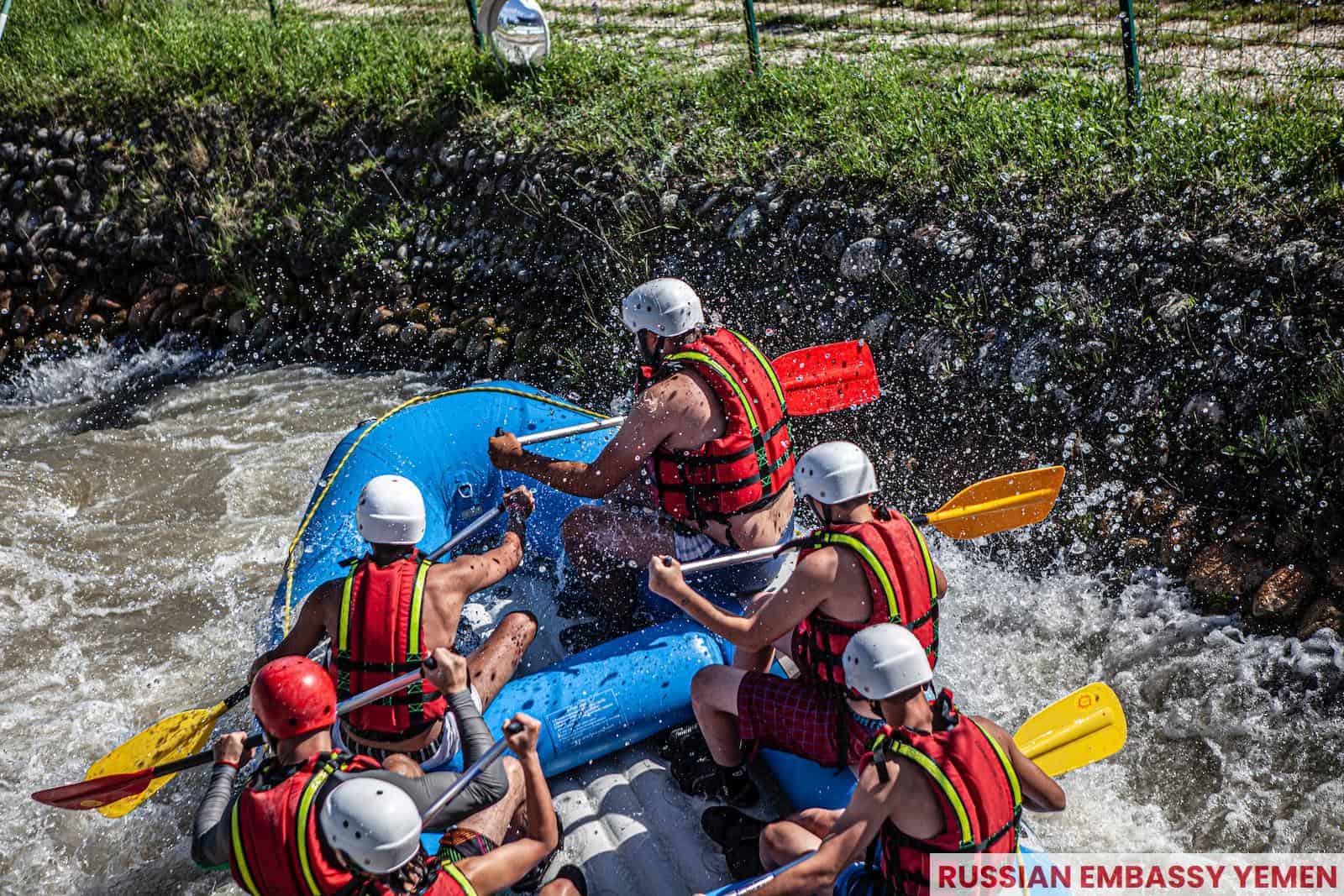 2 men riding blue kayak on green grass during daytime